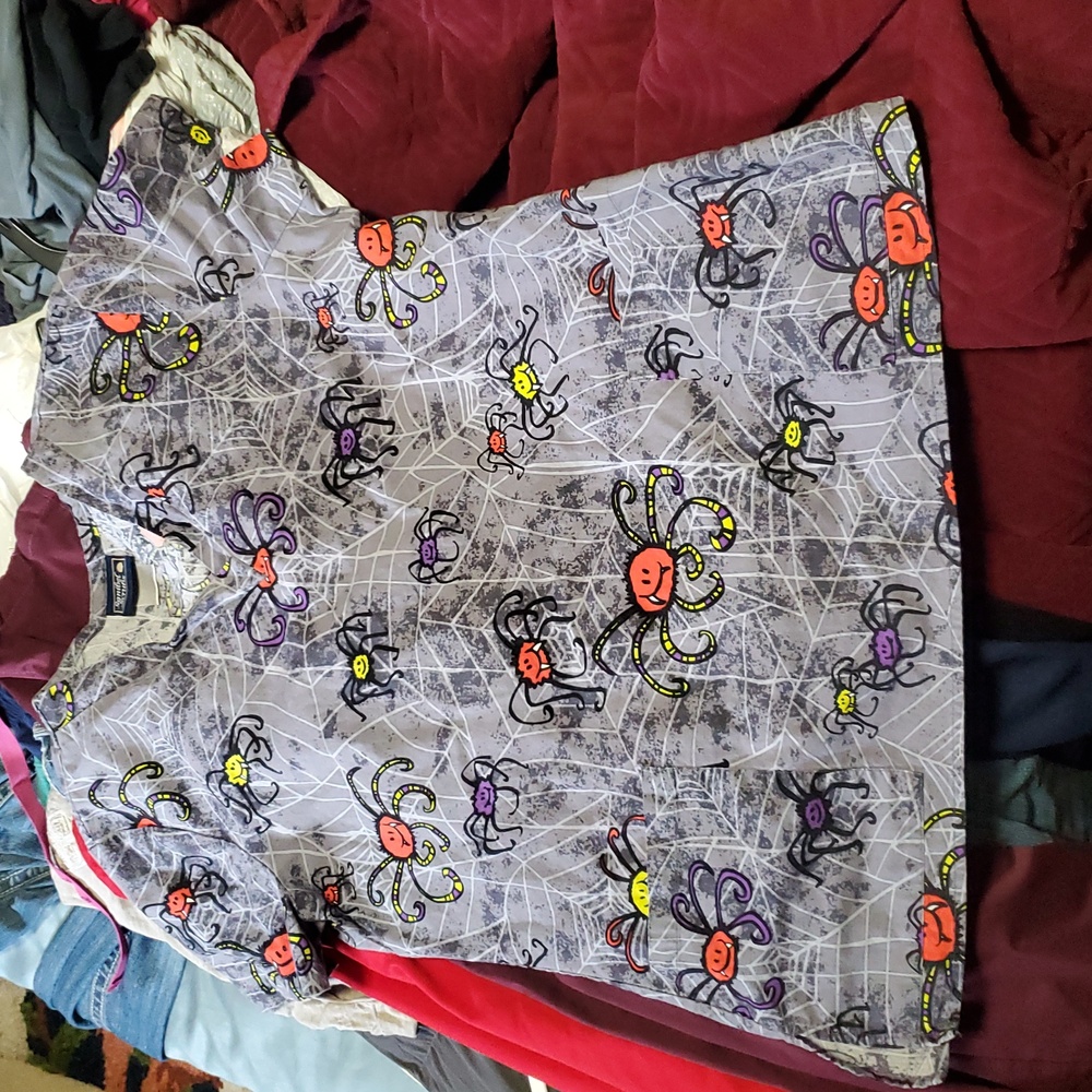 Sanibel Scrubs Halloween Colorful Spider Print Scrub Top